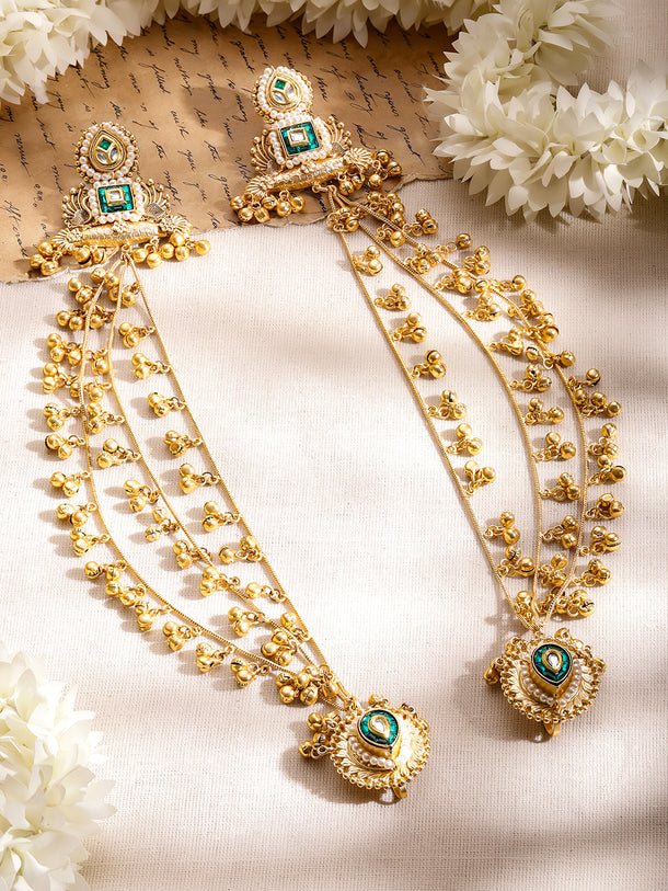 Gold Beaded Green Studded Kashmiri Kaan Chain