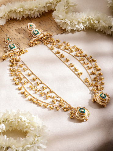 Gold Beaded Green Studded Kashmiri Kaan Chain