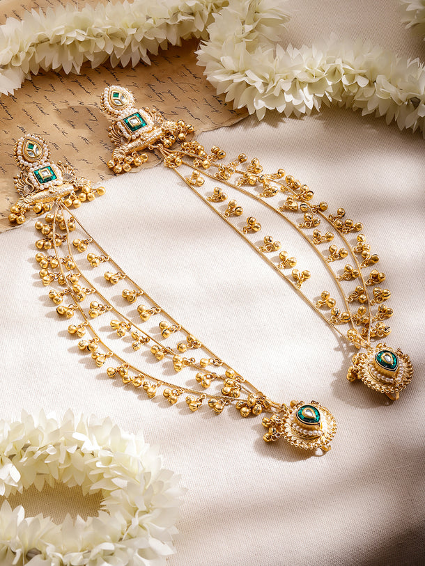 Gold Beaded Green Studded Kashmiri Kaan Chain