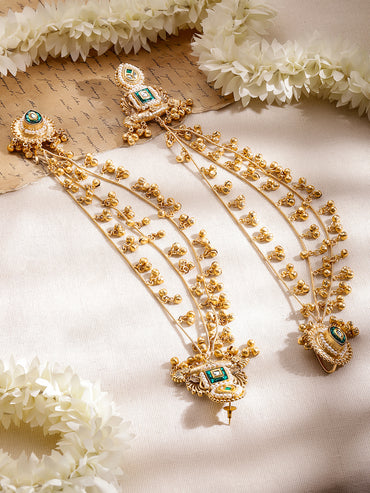 Gold Beaded Green Studded Kashmiri Kaan Chain