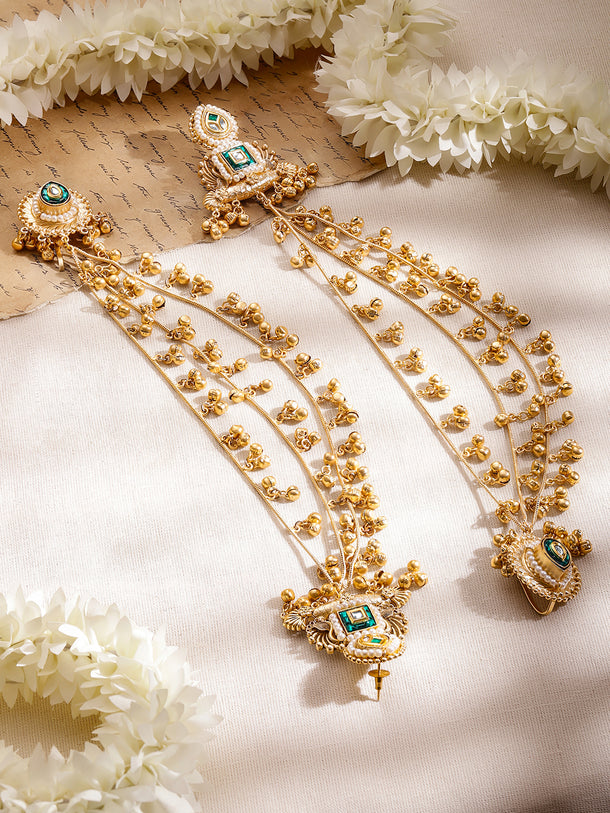 Gold Beaded Green Studded Kashmiri Kaan Chain