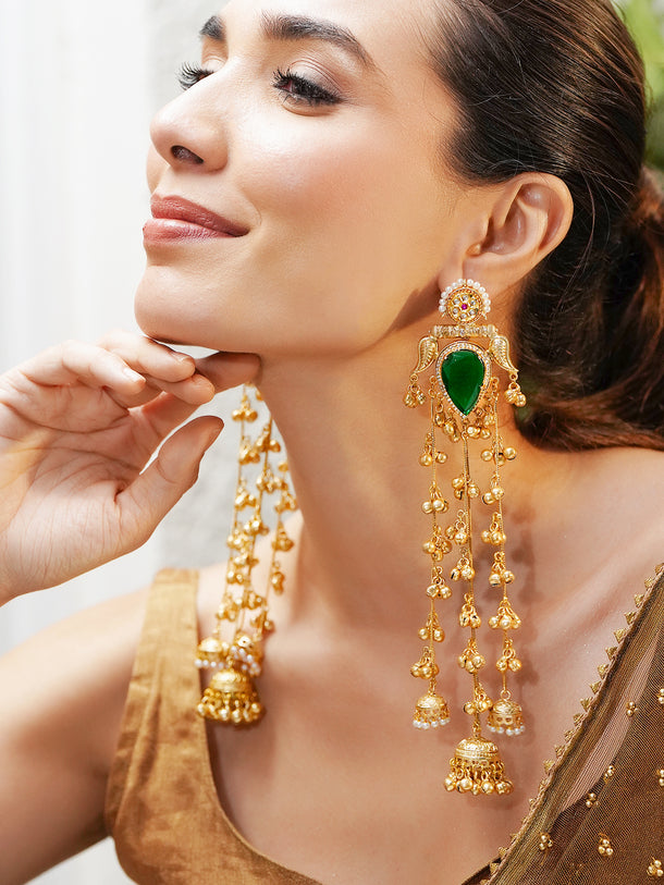Green Studded Gold Beaded Kashmiri Dangler Earrings