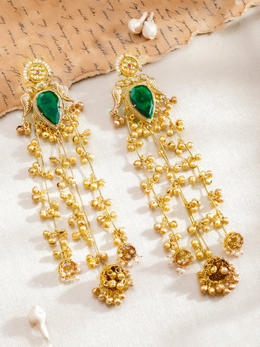 Green Studded Gold Beaded Kashmiri Dangler Earrings