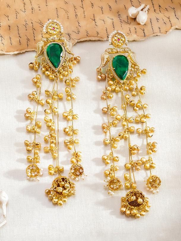 Green Studded Gold Beaded Kashmiri Dangler Earrings