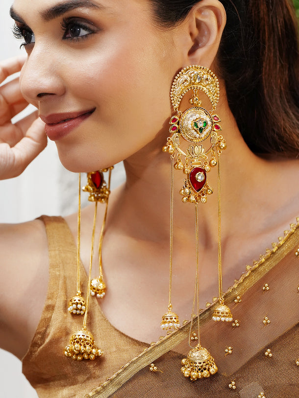 Gold Toned Lotus Motif Kashmiri Jhumkas