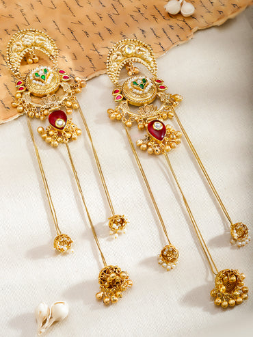 Gold Toned Lotus Motif Kashmiri Jhumkas