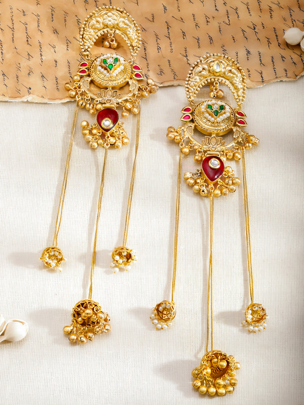 Gold Toned Lotus Motif Kashmiri Jhumkas