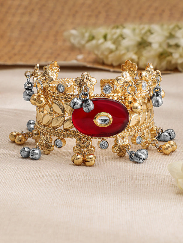 Rubans 22KT Gold-Plated Stone Studded Floral Design Cuff Bracelet