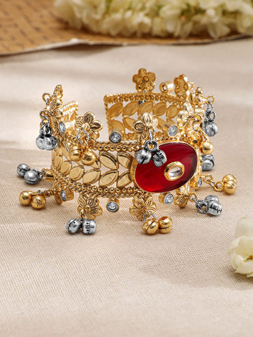 Rubans 22KT Gold-Plated Stone Studded Floral Design Cuff Bracelet
