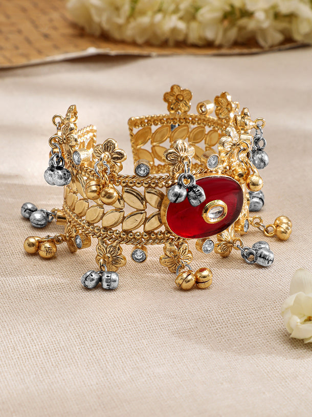 Rubans 22KT Gold-Plated Stone Studded Floral Design Cuff Bracelet