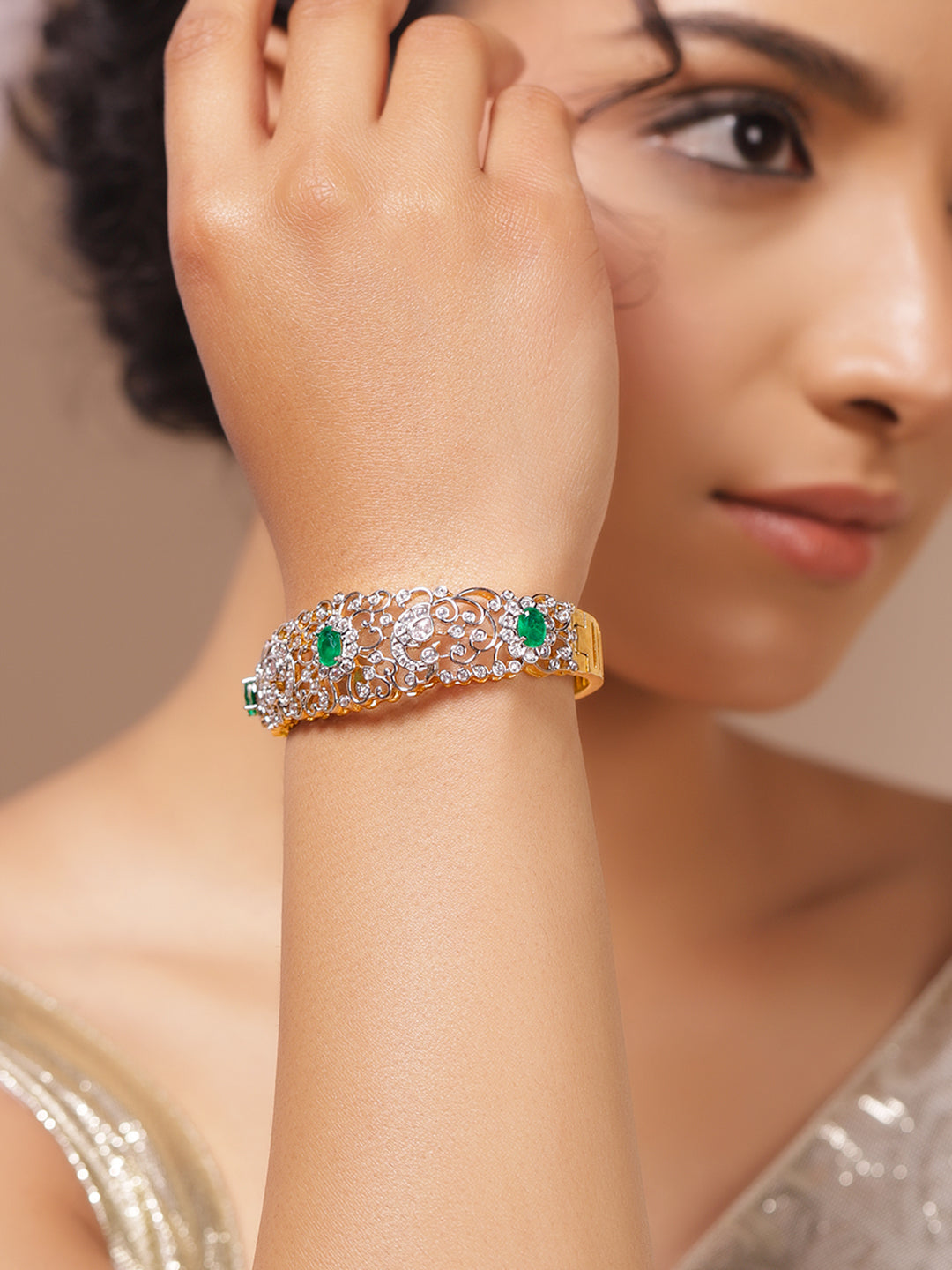 Rubans Women Brass Cubic Zirconia Handcrafted Gold-Plated Bangle-Style Bracelet