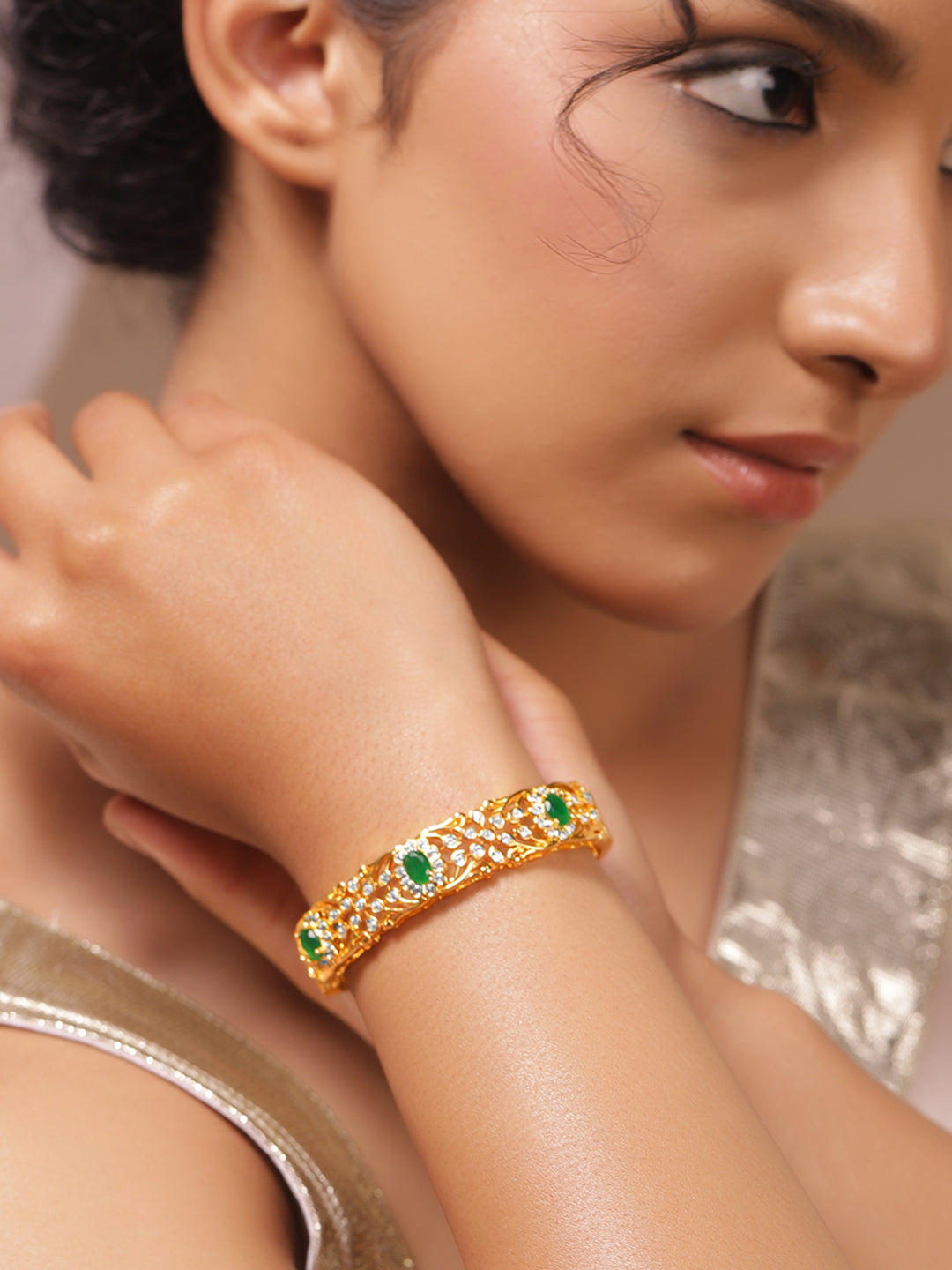 Rubans Women Brass Cubic Zirconia Handcrafted Gold-Plated Bangle-Style Bracelet