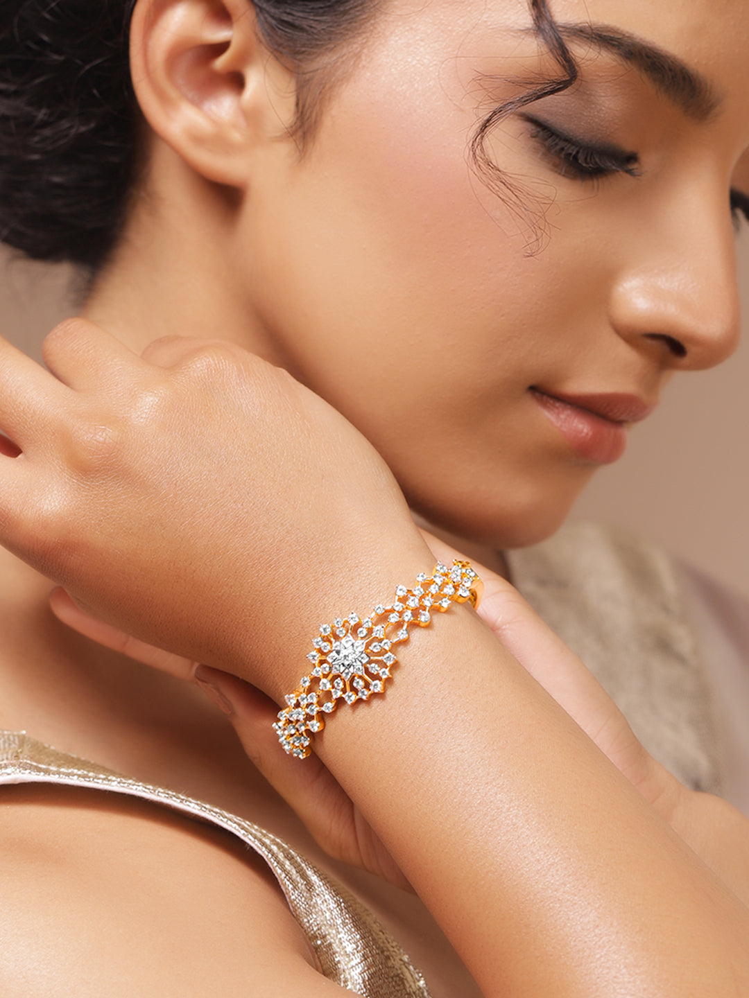 Rubans Women Brass Cubic Zirconia Handcrafted Gold-Plated Bangle-Style Bracelet