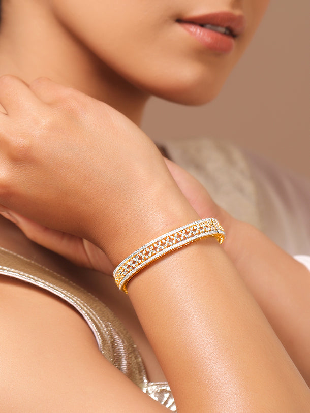 Rubans 18K Gold-Plated Dual-Tone Cubic Zirconia Studded Brass Bangle