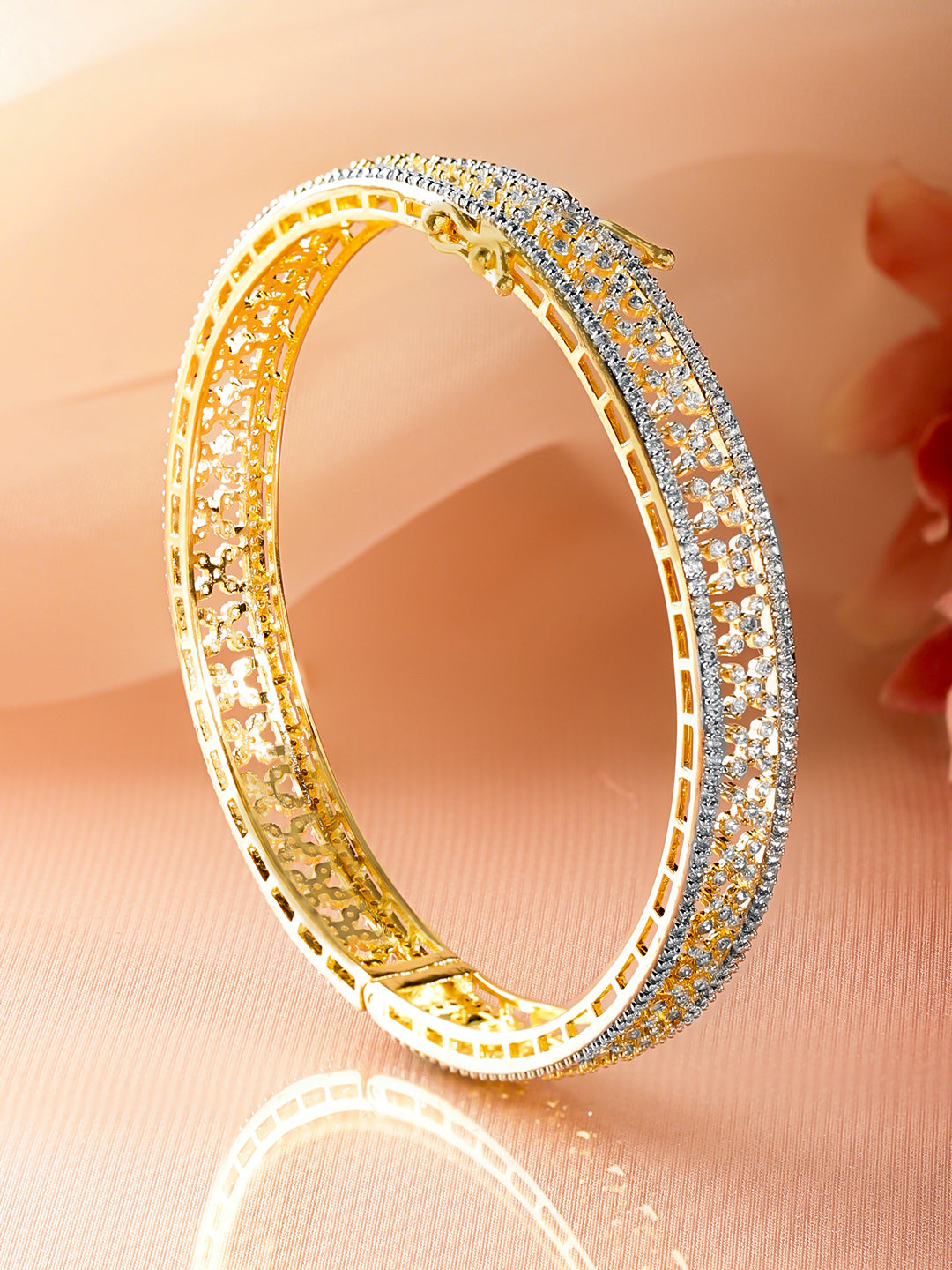 Rubans 18K Gold-Plated Dual-Tone Cubic Zirconia Studded Brass Bangle
