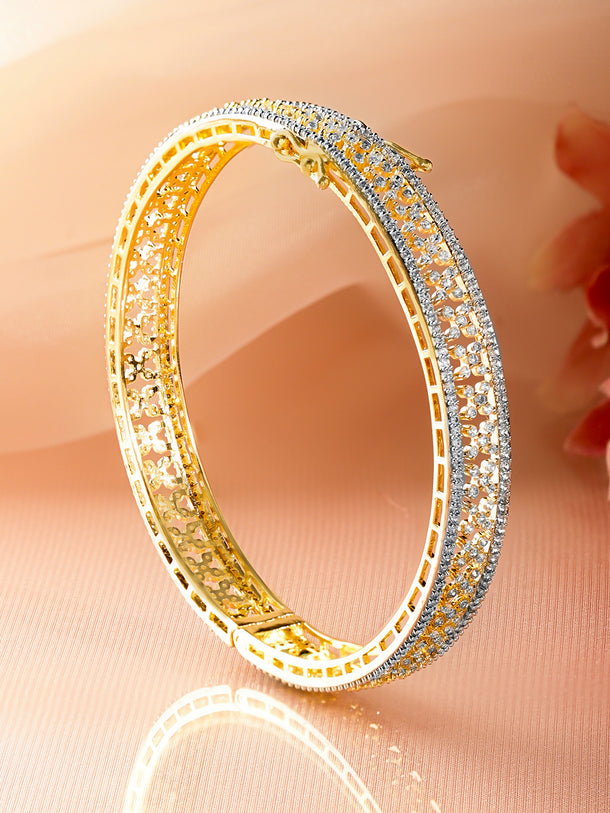 Rubans 18K Gold-Plated Dual-Tone Cubic Zirconia Studded Brass Bangle