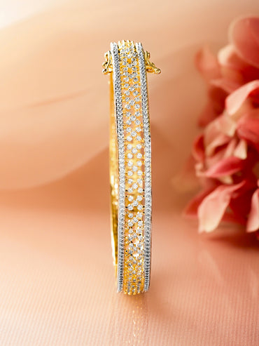 Rubans 18K Gold-Plated Dual-Tone Cubic Zirconia Studded Brass Bangle