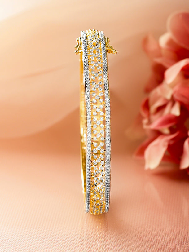 Rubans 18K Gold-Plated Dual-Tone Cubic Zirconia Studded Brass Bangle