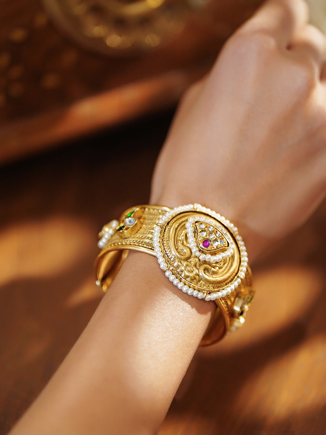 Rubans 22K Gold-Plated Ruby, Green, Blue & White Kundan Pearl Beaded Brass Cuff Bracelet