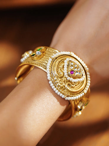 Rubans 22K Gold-Plated Ruby, Green, Blue & White Kundan Pearl Beaded Brass Cuff Bracelet