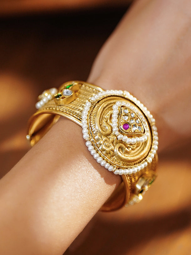 Rubans 22K Gold-Plated Ruby, Green, Blue & White Kundan Pearl Beaded Brass Cuff Bracelet