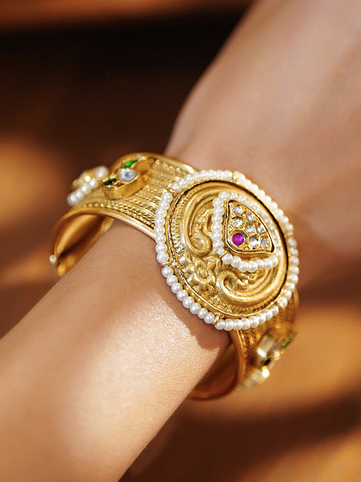 Rubans 22K Gold-Plated Ruby, Green, Blue & White Kundan Pearl Beaded Brass Cuff Bracelet