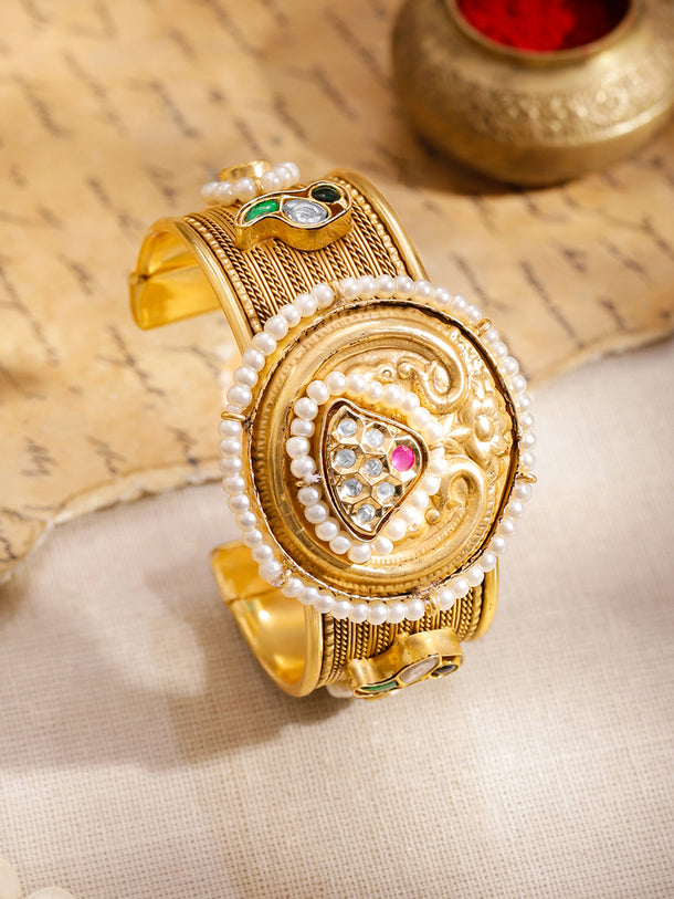 Rubans 22K Gold-Plated Ruby, Green, Blue & White Kundan Pearl Beaded Brass Cuff Bracelet