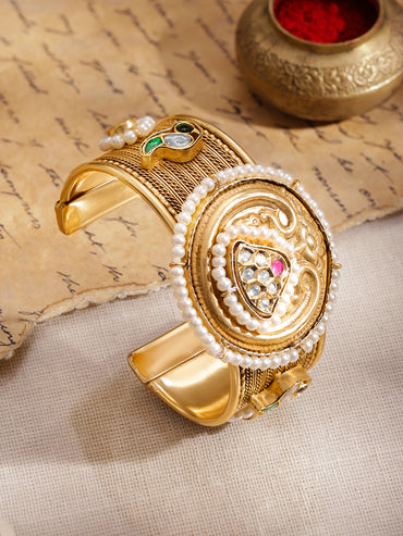 Rubans 22K Gold-Plated Ruby, Green, Blue & White Kundan Pearl Beaded Brass Cuff Bracelet