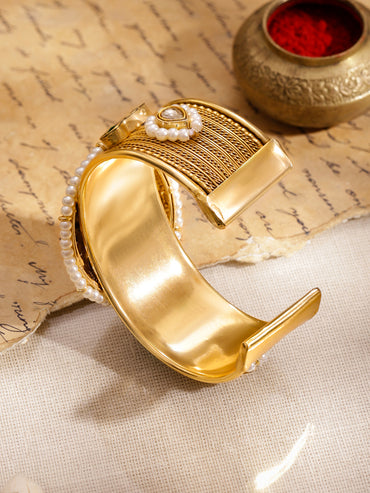 Rubans 22K Gold-Plated Ruby, Green, Blue & White Kundan Pearl Beaded Brass Cuff Bracelet