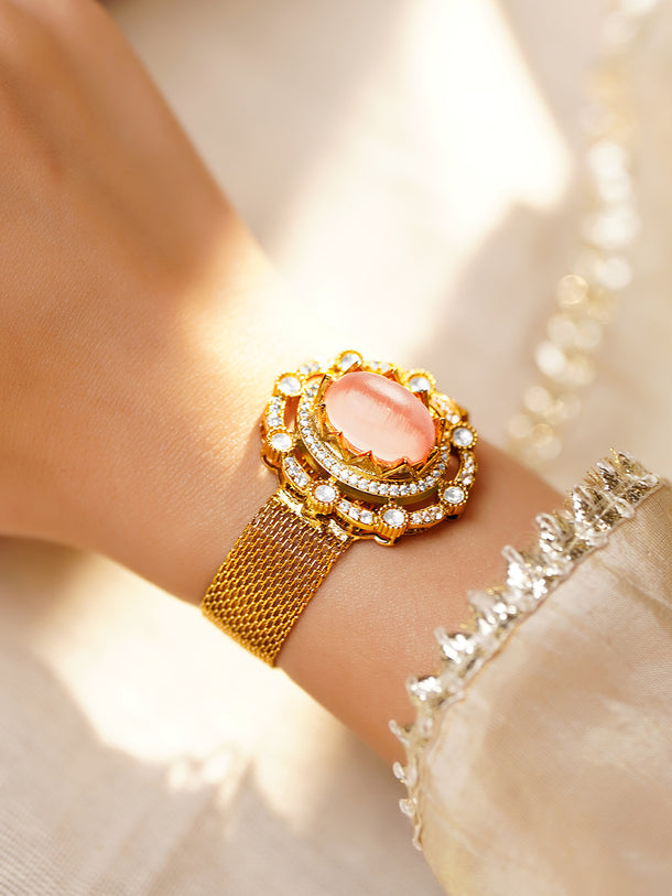 Elegant Pink Gemstone Mesh Statement Bracelet