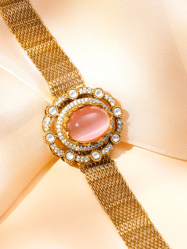 Elegant Pink Gemstone Mesh Statement Bracelet