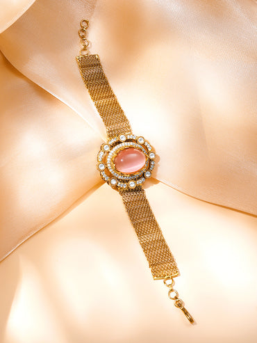 Elegant Pink Gemstone Mesh Statement Bracelet