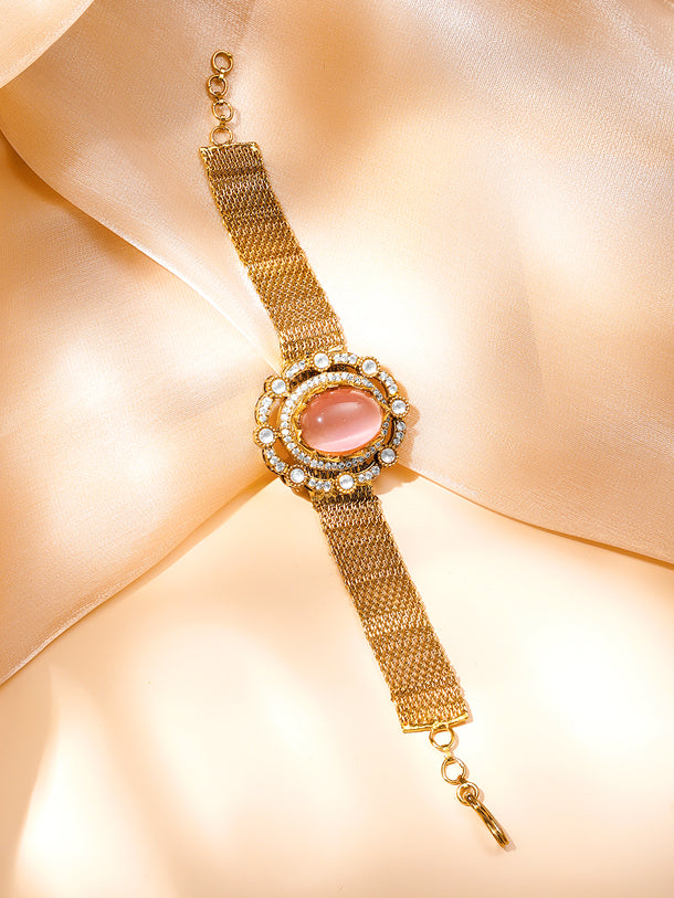 Elegant Pink Gemstone Mesh Statement Bracelet