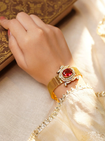 Luxe Ruby Gold Mesh Statement Bracelet