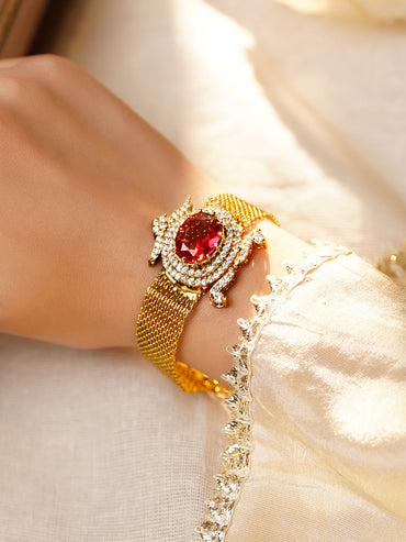 Luxe Ruby Gold Mesh Statement Bracelet