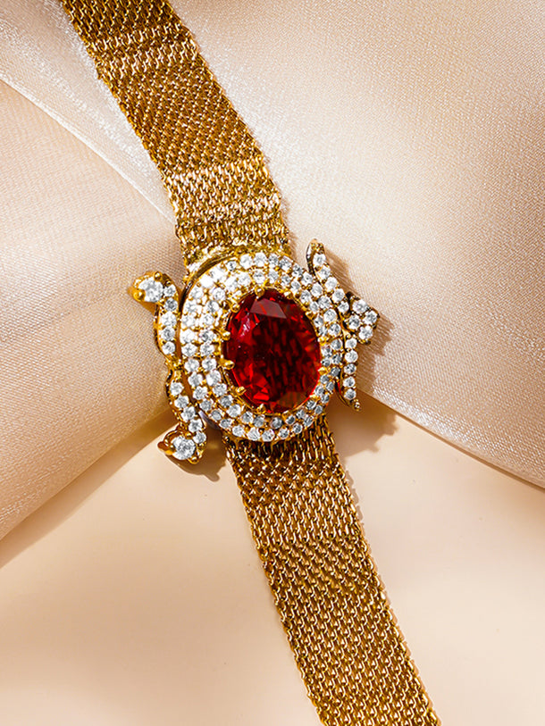 Luxe Ruby Gold Mesh Statement Bracelet