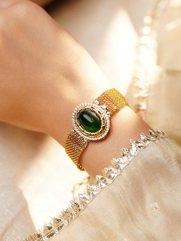 Emerald Elegance Gold Mesh Bracelet