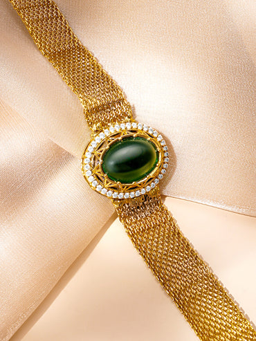 Emerald Elegance Gold Mesh Bracelet