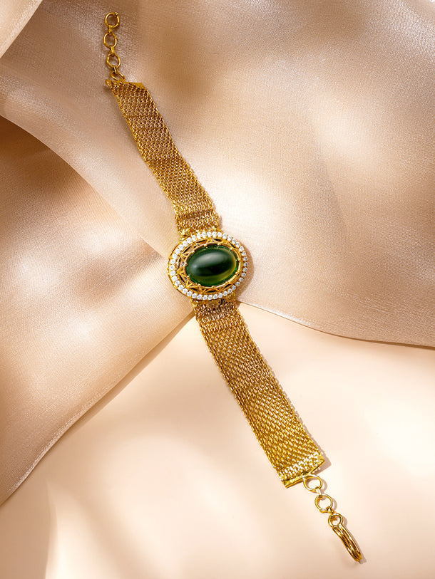 Emerald Elegance Gold Mesh Bracelet