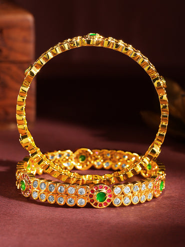 Rubans Set Of 2, 24K Gold Plated Red & Green Zircons Bangles