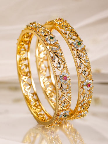 Rubans Set of 2, 22K Gold-Plated Ruby, Emerald & Cubic Zirconia Studded Handcrafted Bangles