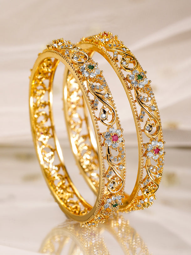 Rubans Set of 2, 22K Gold-Plated Ruby, Emerald & Cubic Zirconia Studded Handcrafted Bangles