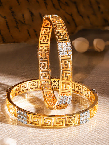 Rubans Set of 2, 22K Gold-Plated Greek Key Design & Cubic Zirconia Studded Handcrafted Bangles