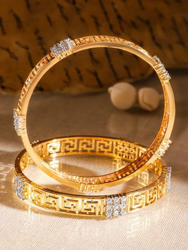 Rubans Set of 2, 22K Gold-Plated Greek Key Design & Cubic Zirconia Studded Handcrafted Bangles