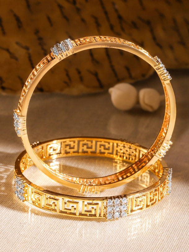 Rubans Set of 2, 22K Gold-Plated Greek Key Design & Cubic Zirconia Studded Handcrafted Bangles
