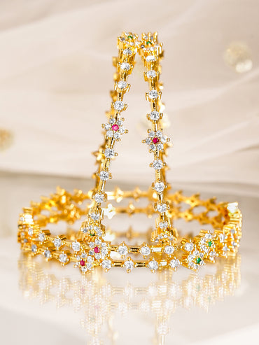 Rubans Set Of 4 22 K Gold Plated Ruby, Emerald & CZ-Studded Bangles