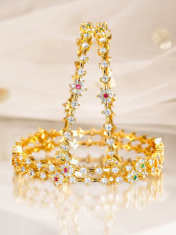 Rubans Set Of 4 22 K Gold Plated Ruby, Emerald & CZ-Studded Bangles