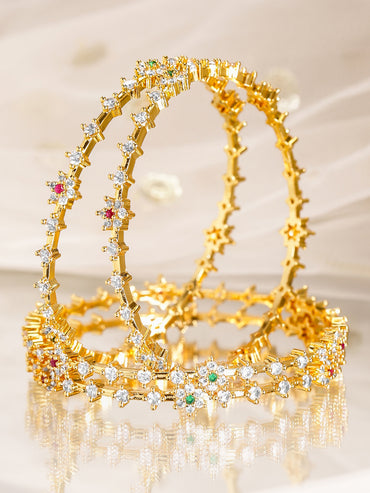 Rubans Set Of 4 22 K Gold Plated Ruby, Emerald & CZ-Studded Bangles