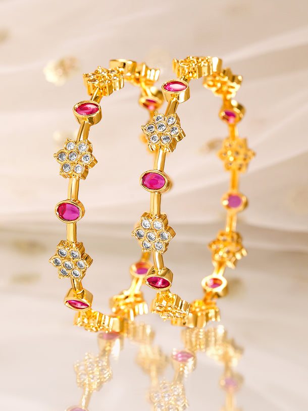 Rubans Set of 2, 22K Gold-Plated Ruby Pink & Cubic Zirconia Studded Handcrafted Bangles