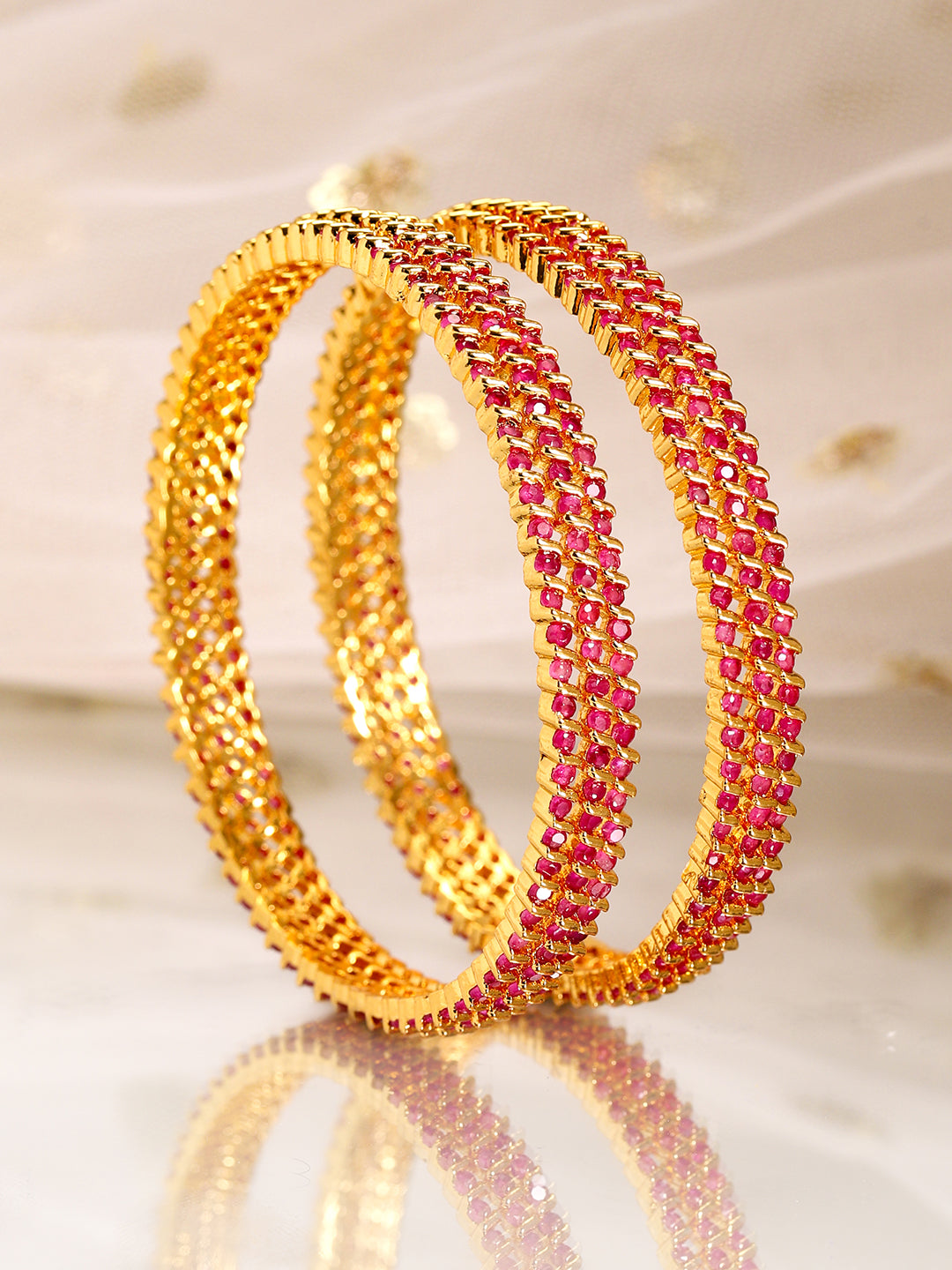 Rubans Set of 6, 22K Gold-Plated Ruby Pink Stone Studded Handcrafted Bangles